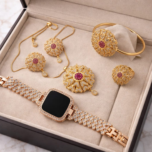 Regal Gold & Ruby Floral Jewelry Suite with Crystal Smartwatch