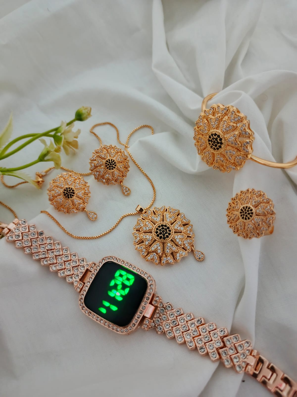 Regal Gold & Ruby Floral Jewelry Suite with Crystal Smartwatch