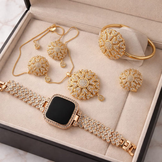 Regal Gold & Ruby Floral Jewelry Suite with Crystal Smartwatch