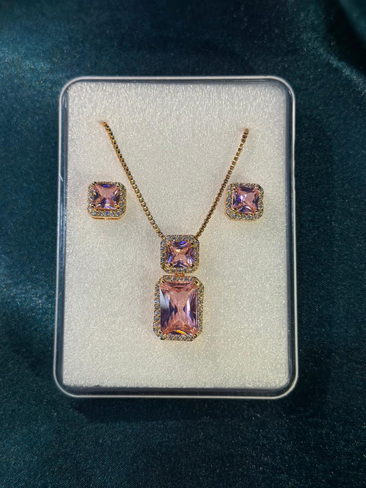 Pink Emerald-Cut Crystal Jewelry Set
