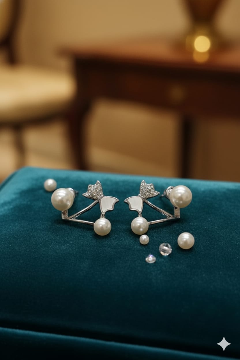 Silver Butterfly Pearl Jacket Earrings