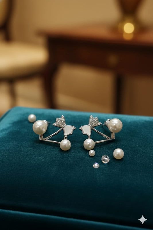 Silver Butterfly Pearl Jacket Earrings