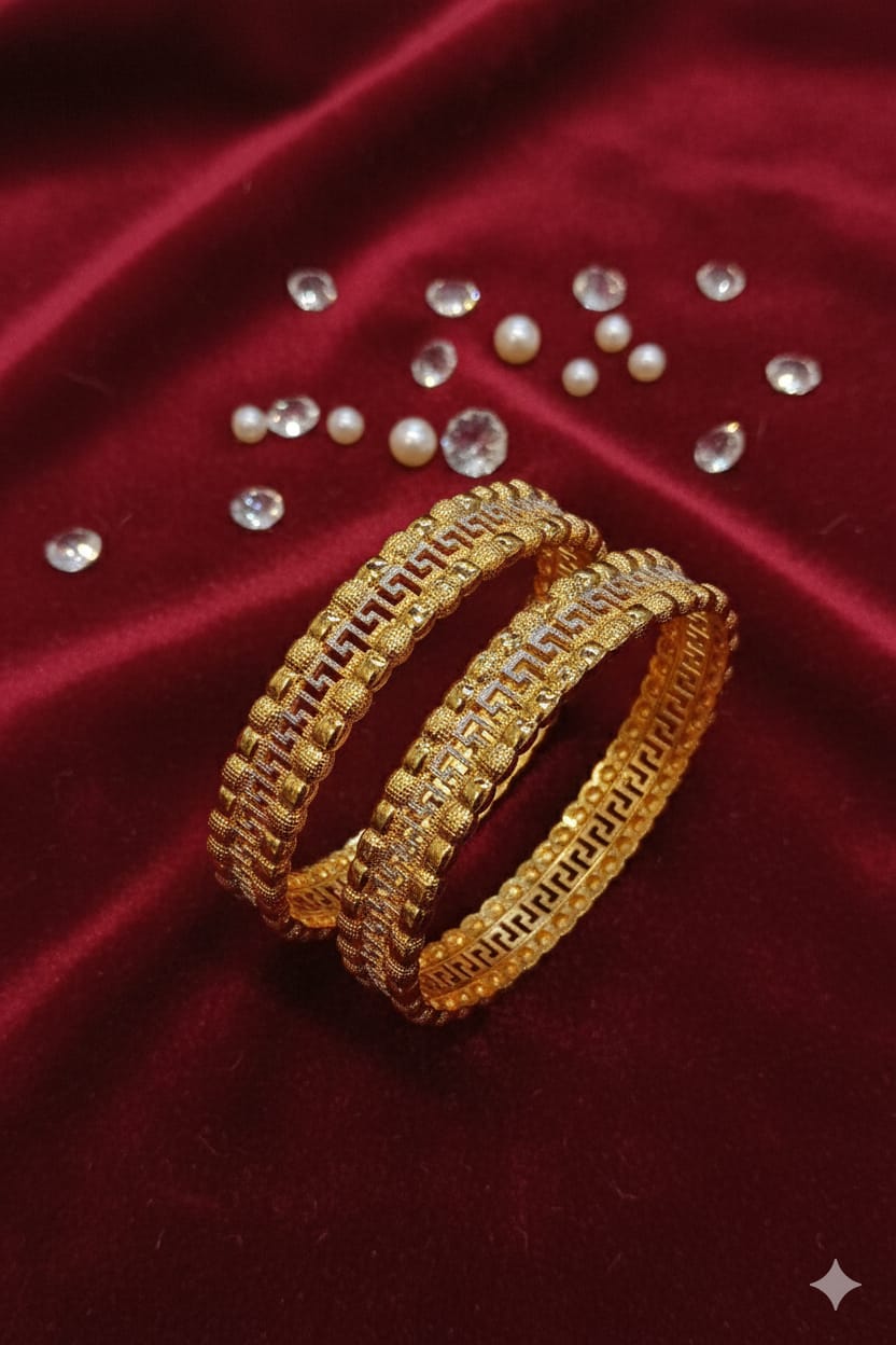 Golden Greek Key Textured Bangle Set